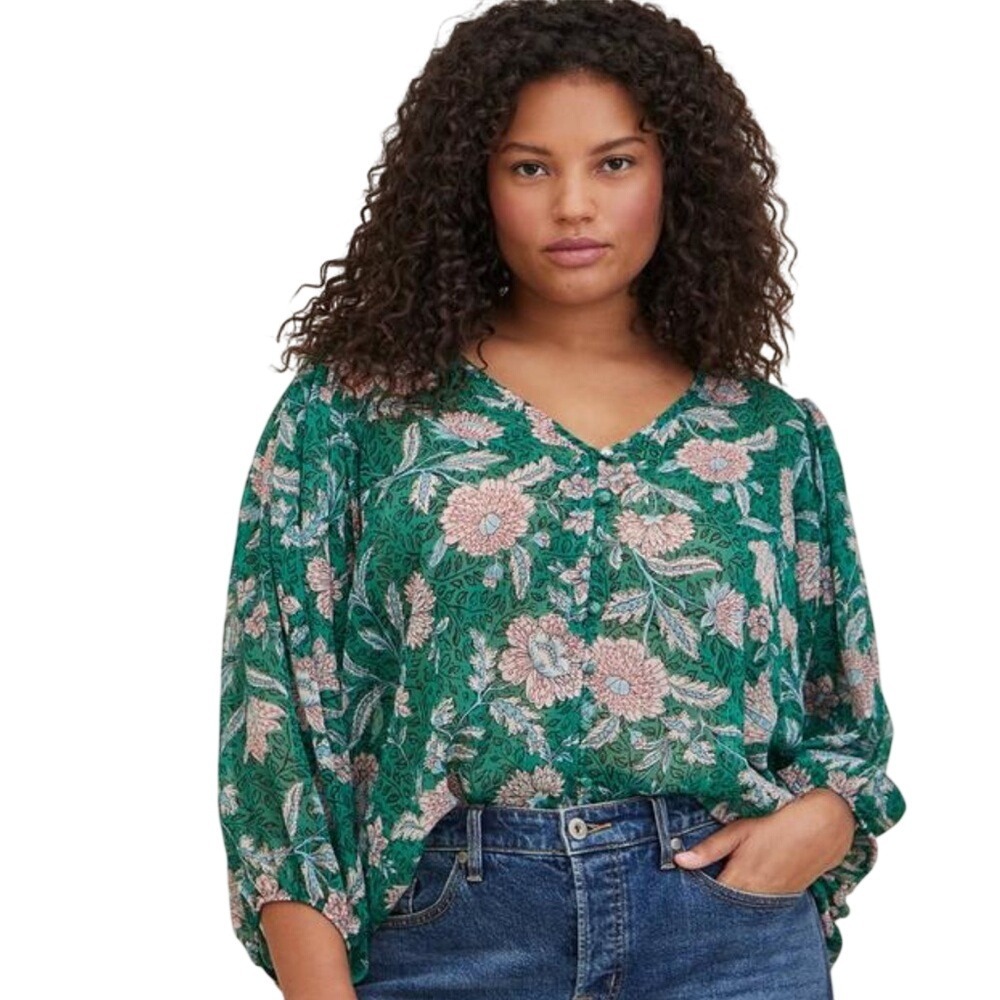 Torrid Womens Long Sleeves Chiffon Lurex Button-Up  Green‎ Floral Blouse Sz 1X